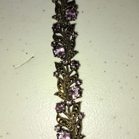 Beautiful Vintage Sterling Silver Amethyst Marcasite Flower Leaf Bracelet - Picture 3 of 12